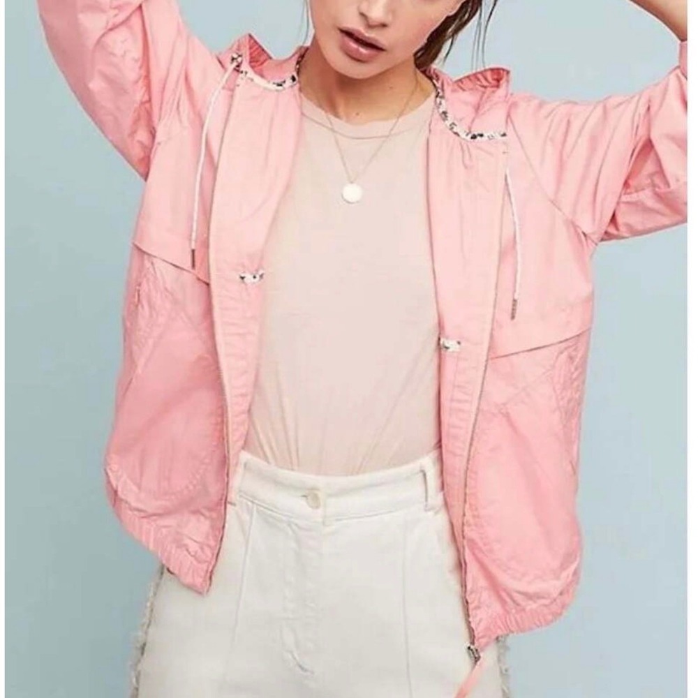 Anthropologie Ottotwa Pink Hooded Windbreaker Jacket Full Zip Womens Medium